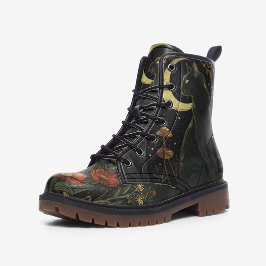 Mystic Moonlight & Black Cat Combat Boots – Vegan Leather
