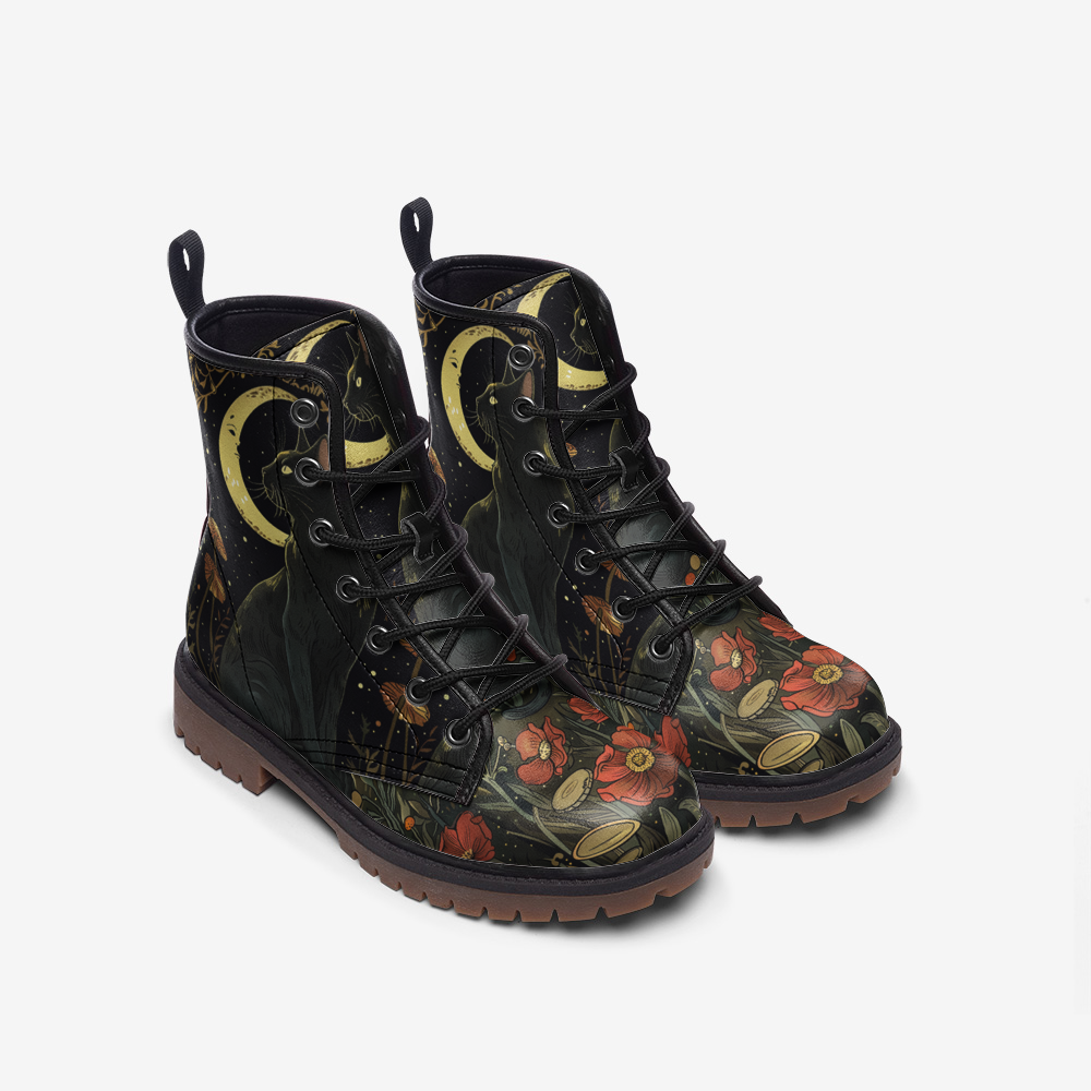 Mystic Moonlight & Black Cat Combat Boots – Vegan Leather