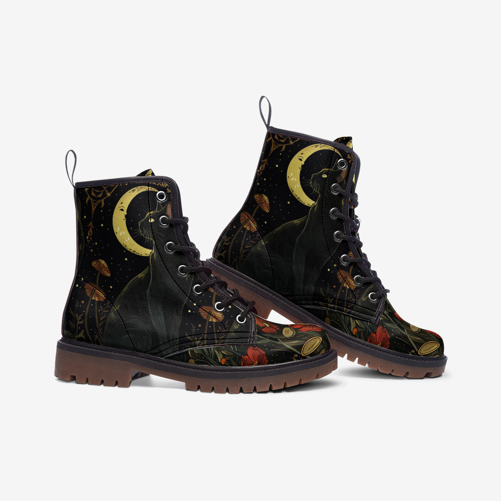 Mystic Moonlight & Black Cat Combat Boots – Vegan Leather