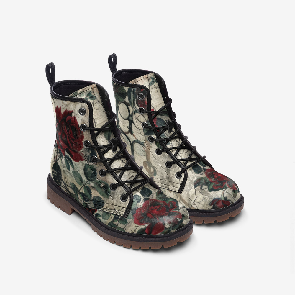 Gothic Dark Floral Combat Boots – Vegan Leather