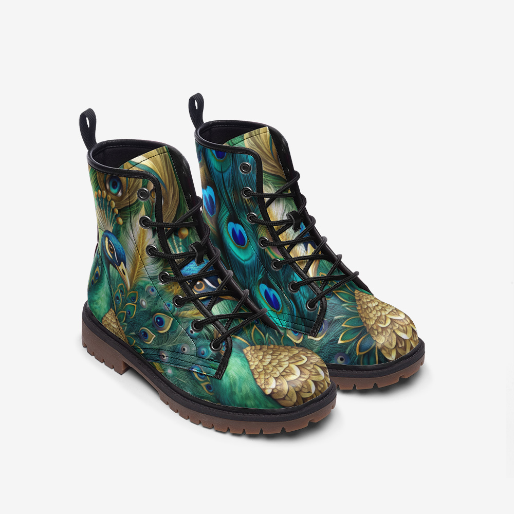 Peacock Print Combat Boots – Vegan Leather