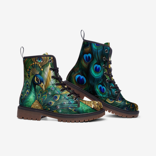 Peacock Print Combat Boots – Vegan Leather