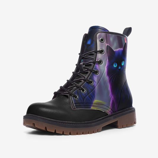 Mystic Moonlight Black Cat Combat Boots – Vegan Leather