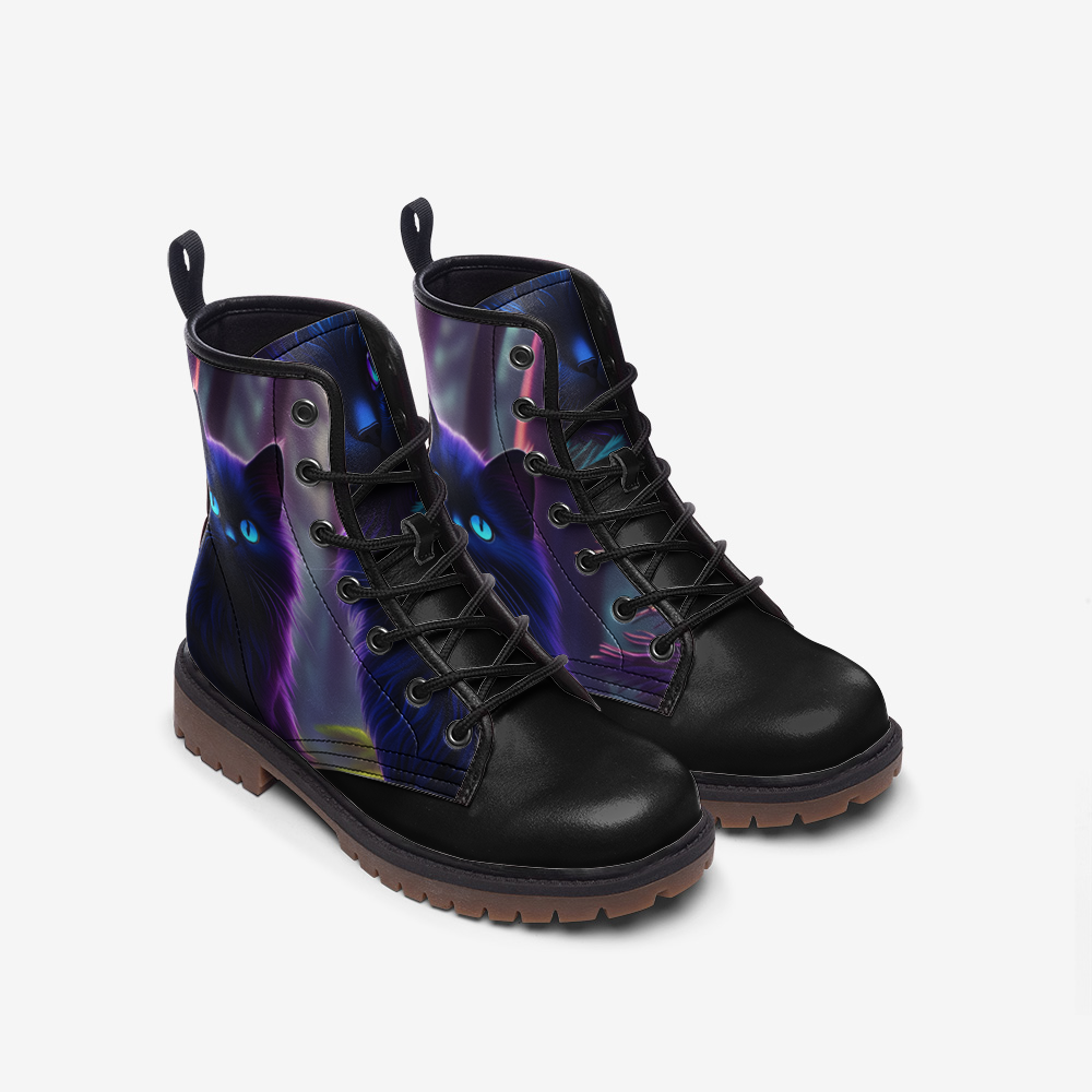 Mystic Moonlight Black Cat Combat Boots – Vegan Leather