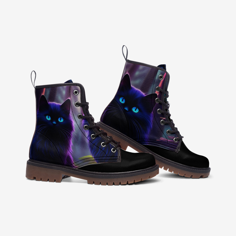 Mystic Moonlight Black Cat Combat Boots – Vegan Leather