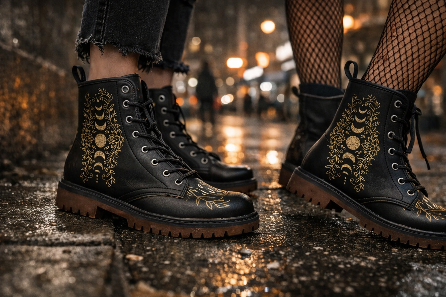 Moon Phases Combat Boots – Vegan Leather