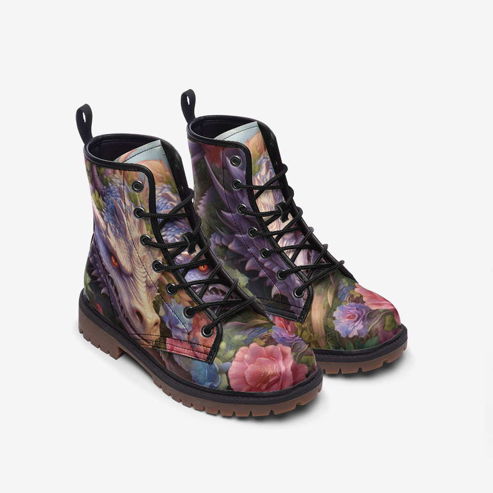 Dragon Floral Fantasy Combat Boots – Vegan Leather