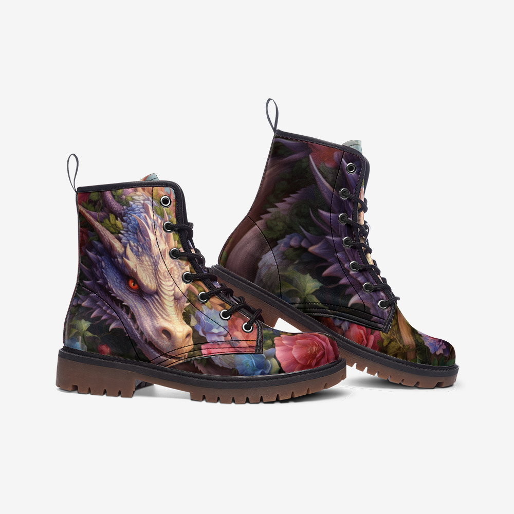 Dragon Floral Fantasy Combat Boots – Vegan Leather